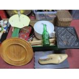 Wicker Needlework Box, towel rail, yellow perspex cake stand, shoe tree, etc:- One Box