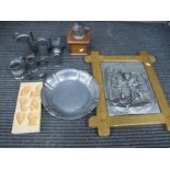 Getzner Relief Wall Plaque, Leinbrock's Coffee grinder, pewter measurers, butter dish.