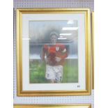 Stephen Doig: David Beckham, in jogging position wearing England red strip, pastel artwork, 45 x