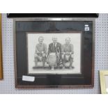 Stephen Doig: Manchester United, Busby, Charlton and Law with European Cup, monochrome artwork, 29 x