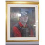 Stephen Doig: Nick Faldo, Portrait of him sporting Bally Golf sweater and Lloyds cap, pastel