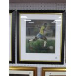 Stephen Doig: Pele, in match action, wearing Brazil home strip, pastel artwork, 41 x 36cm, signed