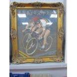 Pietro Psaier, Oil Painting of Cyclist Tom Simpson Wearing Championship Jersey and Raleigh Shorts,