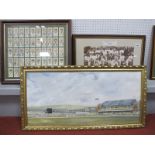 Cricket - Bramall Lane Oil Painting by Ernest Turner, signed, 34.5 x 74.5cm. Players cigarette cards