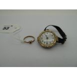 A 9ct Gold Cased Ladies Wristwatch, (case back hinge broken) on black ribbon strap; together with