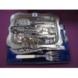 A Hallmarked Silver Salt Spoon, stamped "Jardin", assorted plated ware, cased fish servers,