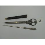 A Decorative Continental Desk Set, comprising large scissors with bird and scroll pierced handles (