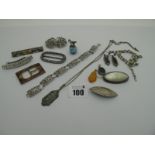 Art Deco Style Marcasite and Enamel Pendant, panel bracelet (damages), buckle, etc.