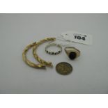 A 9ct Gold Twisted Hoop Earring, (odd / broken / damages); a 9ct gold ring (broken / damages); a