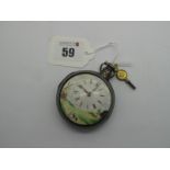 A Hallmarked Silver Cased Pair Case Pocketwatch, the decorative hand painted dial detailed with a