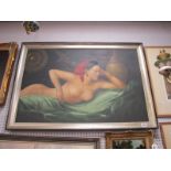 XX Century, Nude Lady Laying Down, with a shield and sword in the background, oil on canvas, (