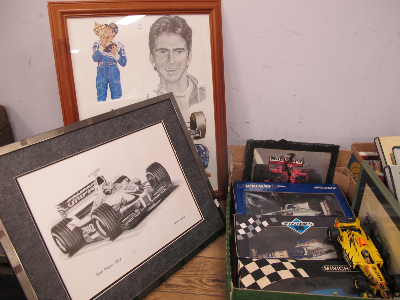 Minichamps Boxed Formula 1 Cars, another unboxed, related prints, slate clock.