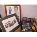 Minichamps Boxed Formula 1 Cars, another unboxed, related prints, slate clock.