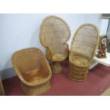 Two Cane High Back Chairs, with criss cross decoration, together with one other wicker chair, with a