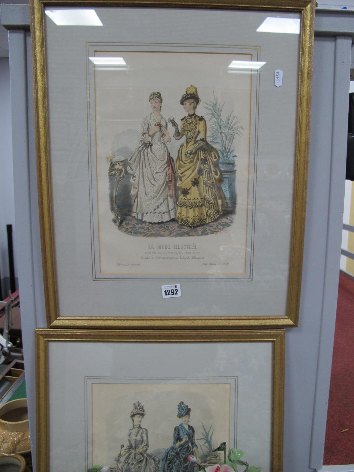 A Pair of French Fashion Prints, hand coloured La Mode Illustree, 35 x 24cm.