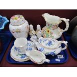 Hammersley Blue Floral Trio and Teapot. F, Howard ginger jar (lid damaged), etc:- One Tray.