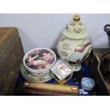 A Pair of Royal Doulton Plates, brass Chinese vase, slide rule:- One Tray.