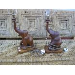 Pair of Carved Hardwood Table Lamps, as elephants, on plinth bases.