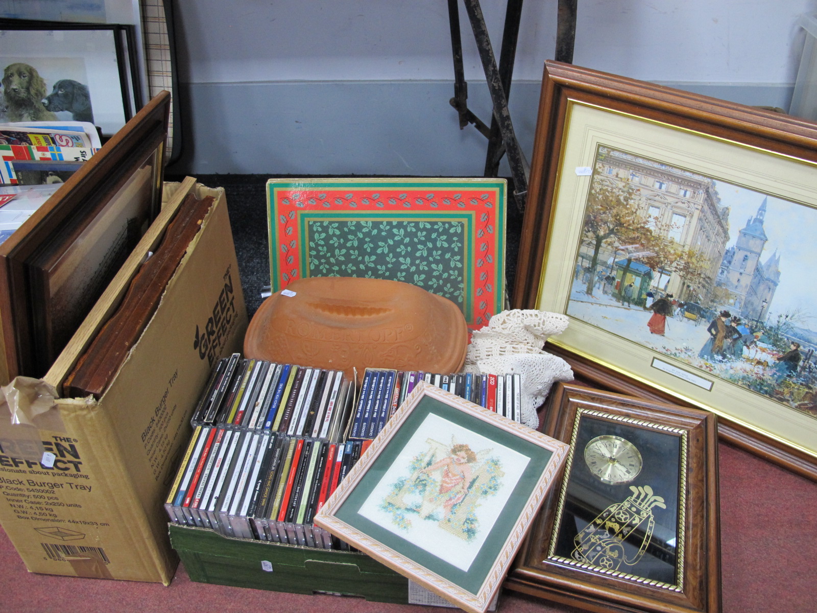 CDs, place mats, prints, clock, etc.