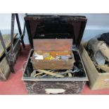 Draper Saw, axe, drill, other tools in Holmes & Son of London black metal box.