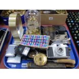 Cutlery, Agfa camera, mantle clocks, cigarette case, etc:- One Tray.