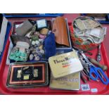 English and Foreign Coinage and Banknotes, costume jewellery, tins, bino-spectacles, etc:- One Tray