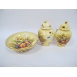 Aynsley 'Orchard Gold' Fruit Bowl, 25.5cm diameter, pair of matching ginger jars with covers, 21.5cm