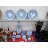 Wedgwood Powder Blue Jasper Ware Pottery, vase 21cm high, smaller vases, trinkets, plates, etc:- One