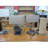 Two David Hunt Bronzed Table Lamps - Rabbit on Top of Books, and Fossil, on a black base, together