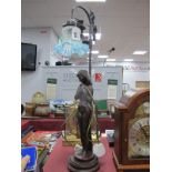 Art Nouveau Style Table Lamp, as a naked lady, with glass shade, 67cm high.