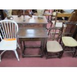 Oak Side table, on barley twist legs, 61cm wide, three chairs.