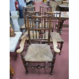 A Set of Five XIX Century Style Ash Elm Spindle Back Chairs, with rushed seats, on turned legs,