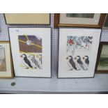Simon Drew, 'Puffins Indoors', limited edition No 117/150 and 'Puffins Outdoors' limited edition