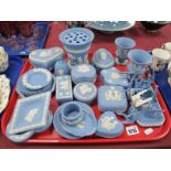 Wedgwood Powder Blue Jasper Ware Trinket Boxes, vases, pin trays, twenty four pieces plus stands:-