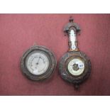 A Victorian Wall Barometer/Thermometer, 46cm tall overallplus a later circular example. (2)