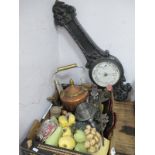A Copper Kettle, pewter candlestick, a bronze cast cross, stamped Thomas, anoroid barometer:- One