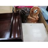 Brown Painted Chinese Dog and a Staffordshire Dog, mahogany writing box:- One Box.