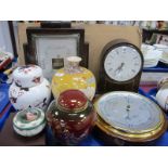 Oak & 'SB' Barometers, mantle clock Devon and Coalport ginger jars, Satsuma vase, etc:- One Tray.