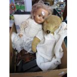 Gold Plush Teddy Bear, (eyes absent), 50cm high, English doll, stool, Agfa camera, etc.