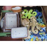 Sea Shells, pottery and plaster sea creature models, pottery trays in baskets:- Two Boxes.