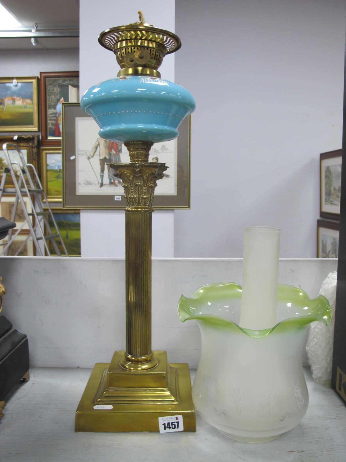 Brass Corinthian Column Oil Lamp, circa 1900, with painted turquoise glass well, later shade and