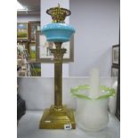 Brass Corinthian Column Oil Lamp, circa 1900, with painted turquoise glass well, later shade and