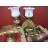 A Pair of Brass Oil Lamps, converted to electricity, trivet stand, other brass ware, copper hot