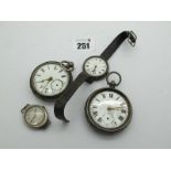 A Hallmarked Silver Openface Pocketwatch, (damages), another similar, stamped "925", a wristwatch (