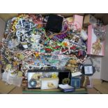 A Collection of Assorted Bead Necklaces, ornate key charms, brooches, etc:- One Box.