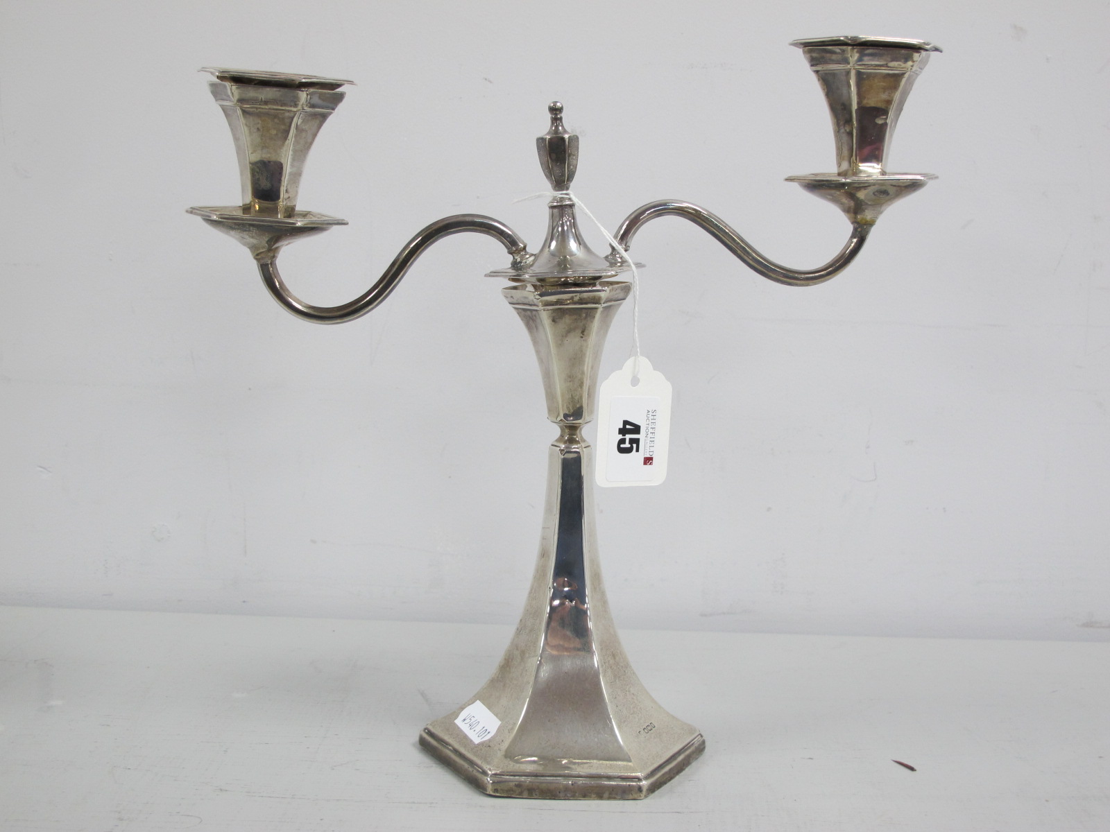 John & William Dekin Hallmarked Silver Two Branch Candelabra/Candlestick, (damages), raised on a