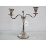 John & William Dekin Hallmarked Silver Two Branch Candelabra/Candlestick, (damages), raised on a