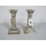A Pair of Martin Hall & Co Ltd, Hallmarked Silver Squat Candlesticks, fluted columns, with elaborate