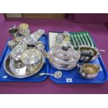 A Plated Three Piece Tea Set of Gadroon Design, a pair of sauce boats, hoof footed, seven napkin