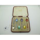 A Set of Six Hallmarked Silver and Harlequin Enamel Demitasse Spoons, Mappin & Webb, Sheffield 1915,